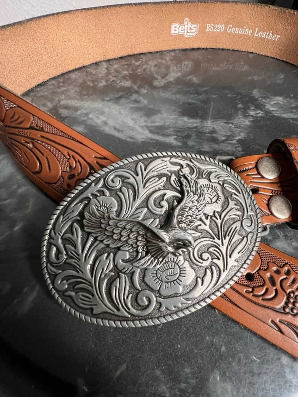 Western Floral Engraved Embossed Tooled Genuine Leather Belt
